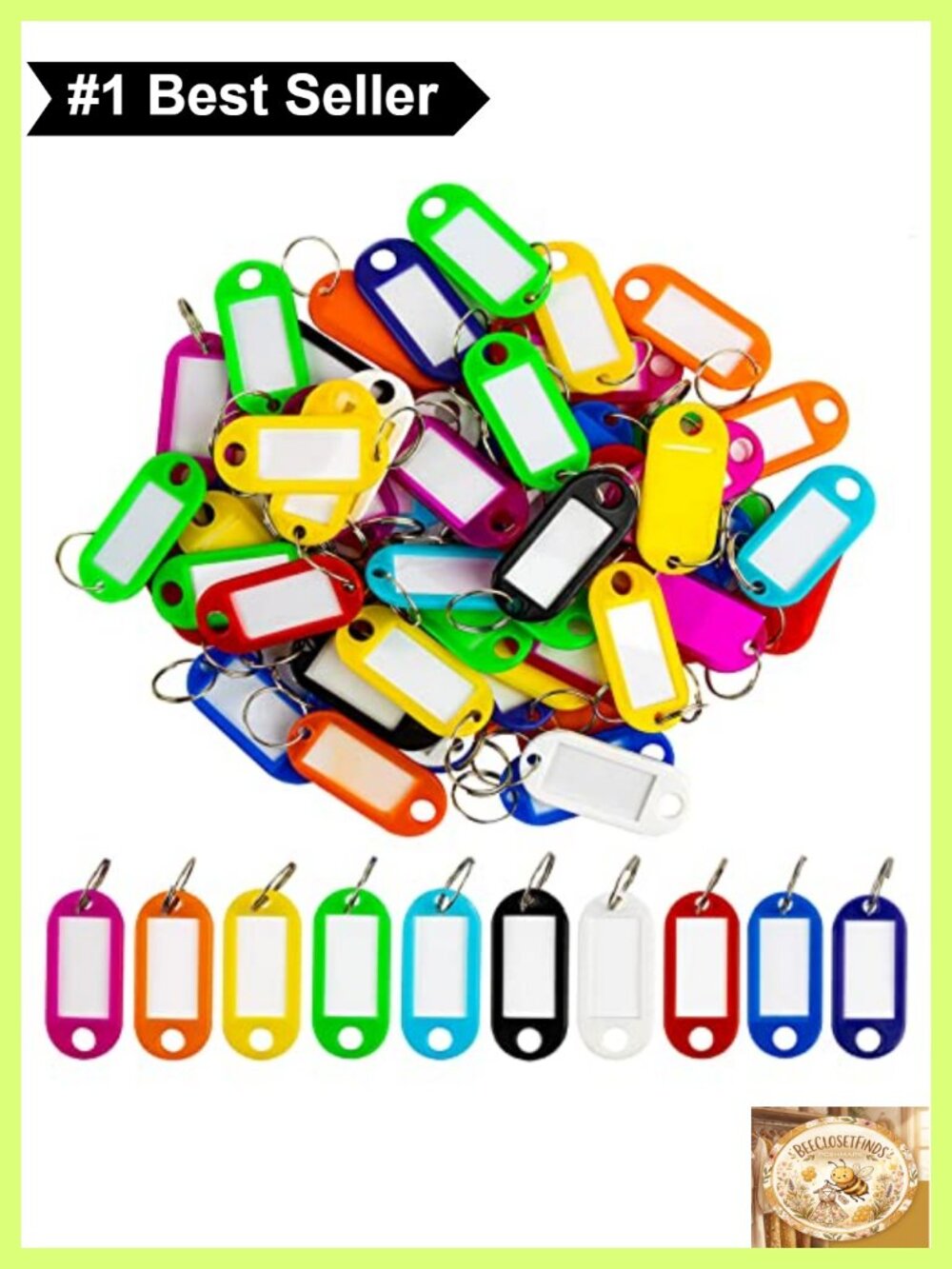 60pc Plastic Key Tags with Labels and Split Rings